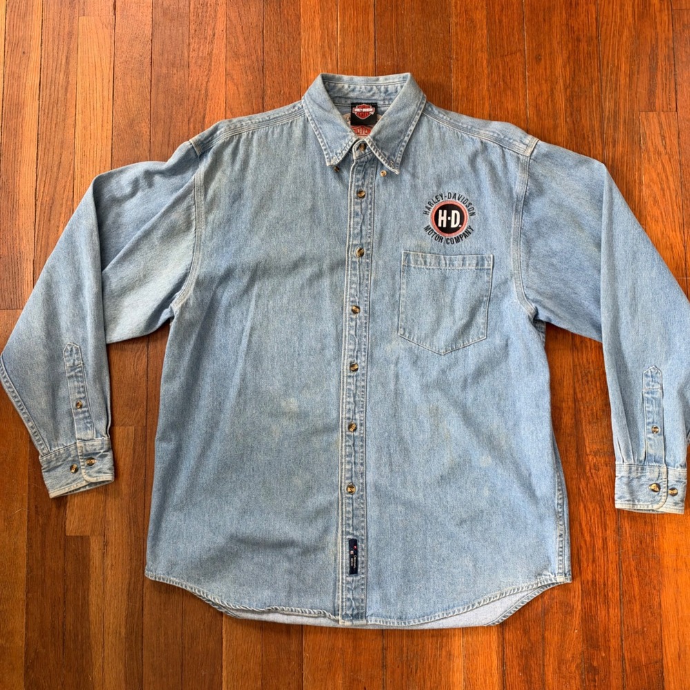 Harley-Davidson York PA Vehicle Operations Denim Button Down Shirt Mens L Blue